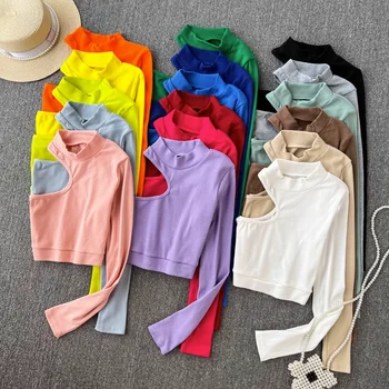 שיק חולצות לנשים צבע מוצק חלול החוצה חולצה אחד הצדדים שרוול ארוך Tees נשית עם צווארון גולף אופנה קוריאנית Dropshipping